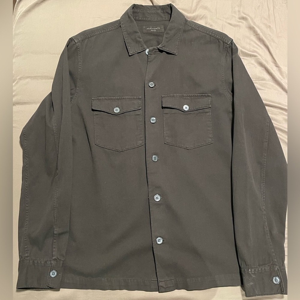 AllSaints Black Button-Up Medium Spotter Long-Sleeve Shirt Military Overshirt